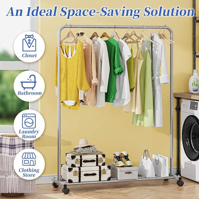 Simple Trending Clothes Clothing Garment Rack, Clothes Organizer, Silver | Storage Shelves, 360° Lockable Wheels, Anti-Slip Stoppers, Bedroom, Laundry Room
