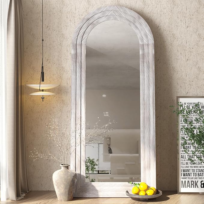 ZHUNFA Arched Full Length Mirror with Solid Wood Frame | 65x22 Farmhouse Wall Mirror Full Length with Stand, Vertical Hanging, Leaning Standing for Bedroom,Living Room, Rustic White