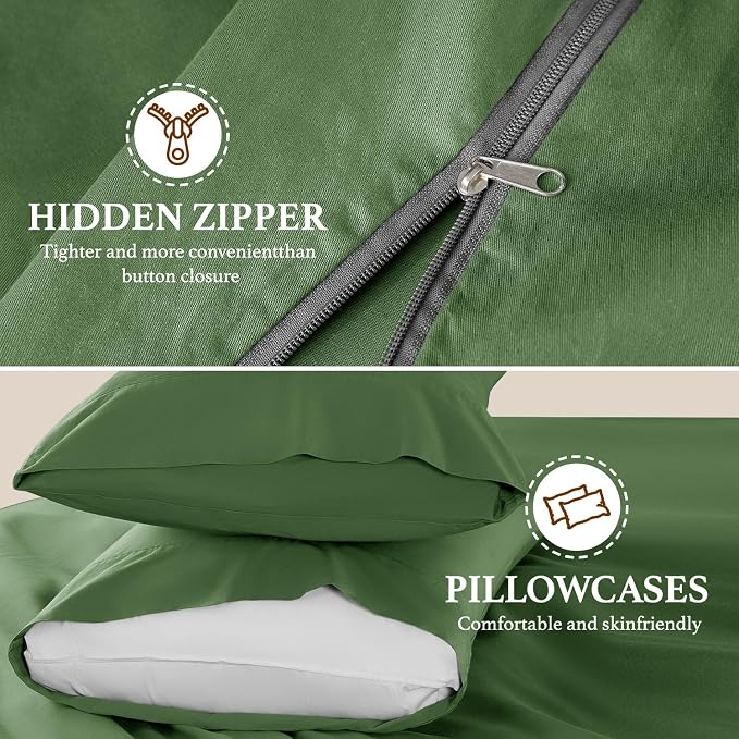 DEITAS 100% Cotton King Duvet Covers 3 Piece,1200 Thread Count，Olive Green | Luxury Egyptian Cotton Comforter Cover With Zipper Closure, Ultra Cooling Breathable, Hotel Bedding Duvet Covers