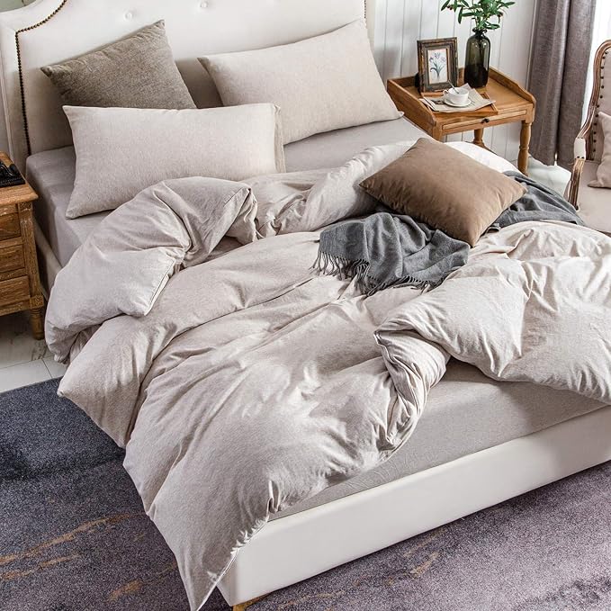 PURE ERA Jersey Knit Duvet Cover Set 100% T-Shirt Cotton Super Soft Comfy 3pc Bedding Set with Zipper Closure (Heather Beige, Queen) | 100% Cotton, 3 Piece Set, T Shirt Soft, Breathable, Envelope Closure Pillowcases, Hidden Zipper, 8 Ties, No Insert, M...