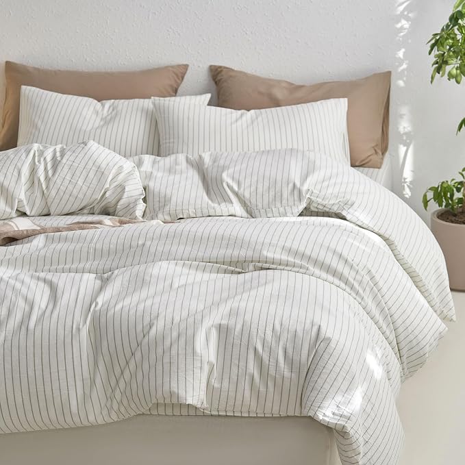 MooMee Striped Duvet Cover Set 100% Washed Cotton Linen Like Cal King | Relaxed Linen-like Texture. Soft, Breathable & Long-lasting Comfort. Lightweight. Hidden Zipper with 8 Interior Corner Ties