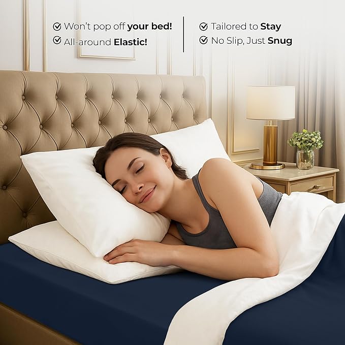 Queen Fitted Sheet, Ultra Soft Fits Up to 16 Inch Deep Pocket, Navy | Hotel Comfort, Cooling & Breathable Cotton like Polyester, Easy Fit, Wrinkle & Fade Resistant, Snug Fit, Easy Care, Oeko-Tex