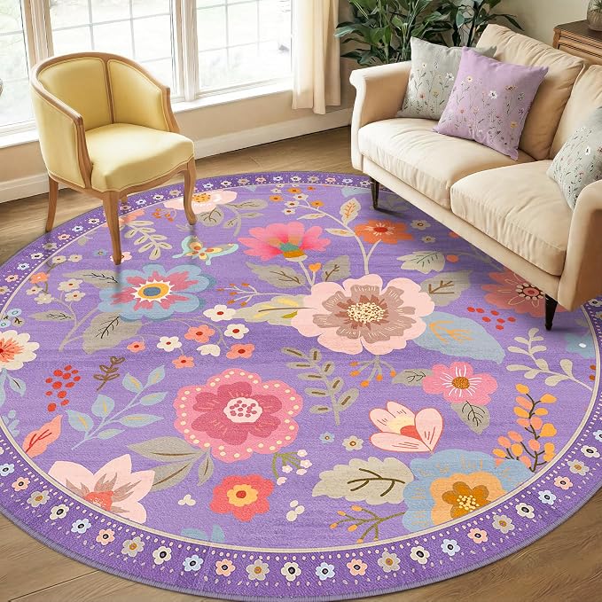 RELEANY Floral Washable Round 8ft Area Rug Purple/Pink | Flower Carpet, Print, Boho, Non-Slip, Easy to Clean, Soft, Low Pile for Living Room Bedroom Kitchen Office Entryway Hallway