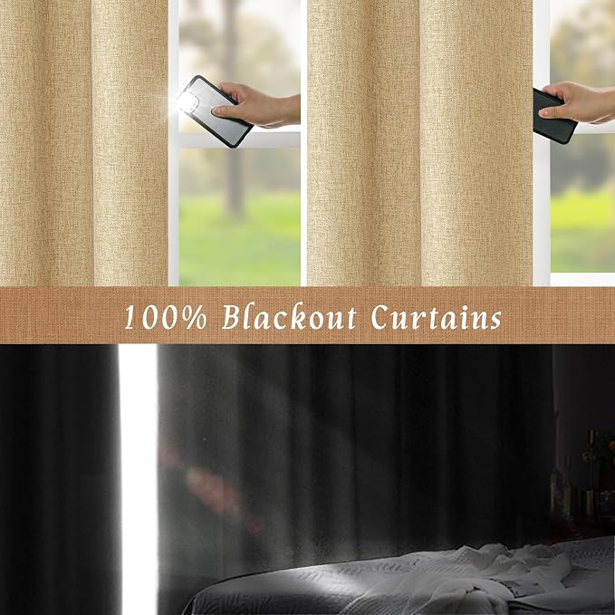 100% Blackout Linen Curtains 63 Inches Long 2 Panels, 60 x 63 Inch | Thermal Insulated, Living Room, Burlap, Bedroom Curtains, Full Room Darkening Panels, Rod Pocket Back Tab, with White Liner