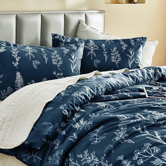 MUXHOMO Duvet Cover Twin/Twin XL Size Set, Reversible Floral Navy Duvet Cover with Zipper Closure, 2 Pieces Botanical Patterns Soft Microfiber Bedding Set with 4 Ties (68"x90", 1 Pillow Case)