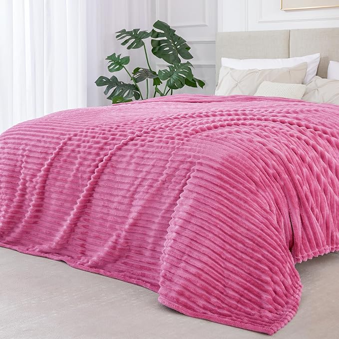 BEDELITE Ribbed Jacquard Hot Pink Blankets Queen Size for Bed, 90x90 Inch | Soft Warm Decorative Fluffy Blanket, Cozy Fuzzy Lightweight Plush Fleece Throw Blankets for Bed, Room Decor, Gift for Women
