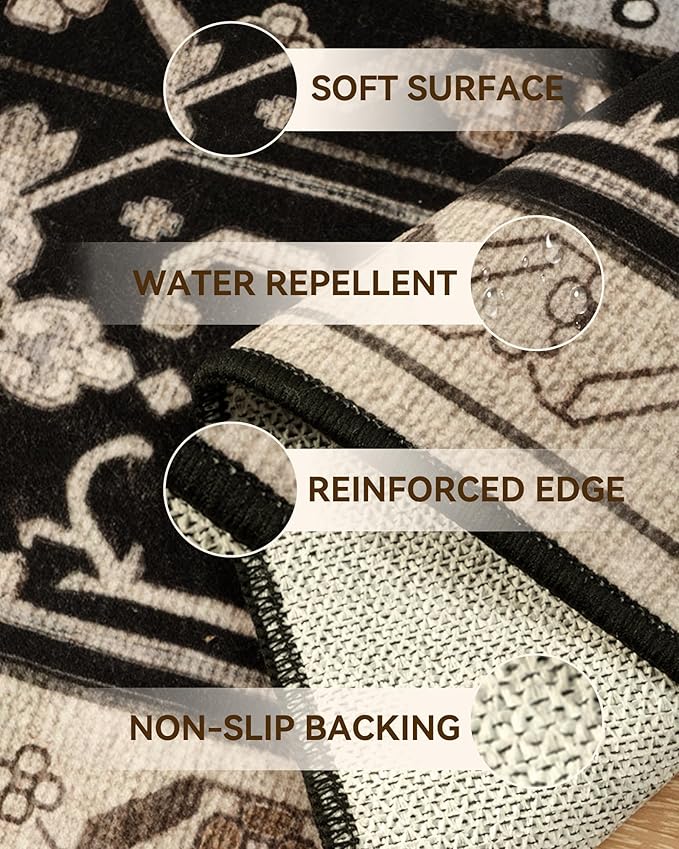 RELEANY Washable Area Rug, Runner 2'x8', Black/Neutral | Non-Slip, Water Repellent, Pet Friendly, Easy to Clean, Vintage Floral Boho Decor for Kitchen Hallway Bedroom Laundry