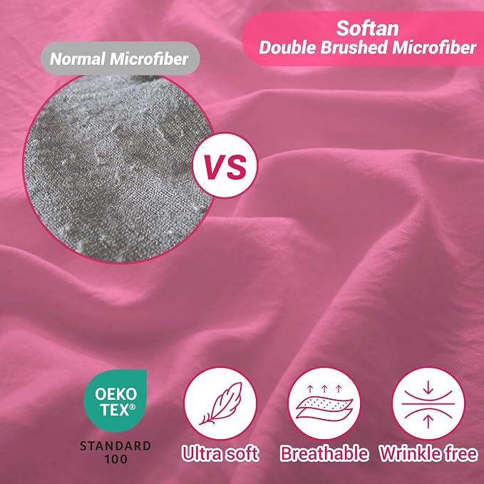 Softan Microfiber Queen Sheet Set with Non-Slip Corner Straps, Hot Pink | 15" Deep Pocket Fitted Bed Sheets, Double Brushed Microfiber, Cozy Sheets & Pillowcase for All Season
