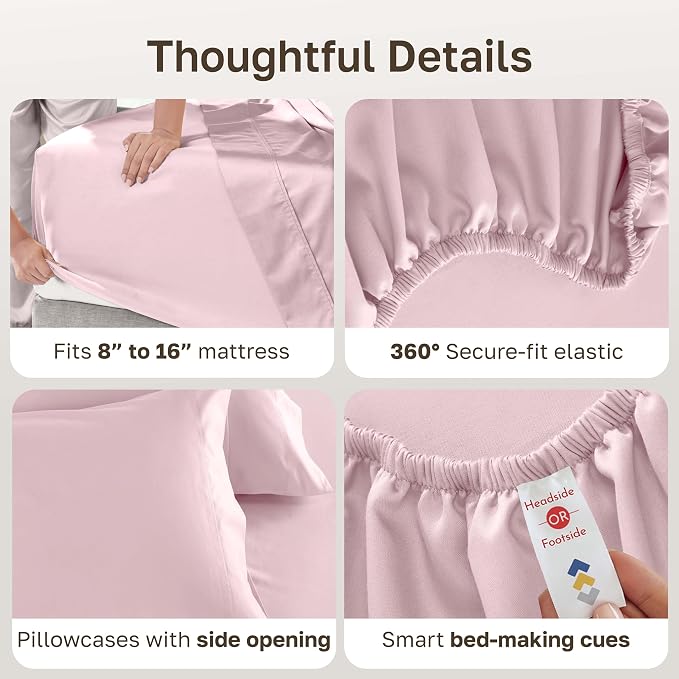 California Design Den 600 Thread Count Queen Sheet Set Deep Pocket, Pink | 100% Cotton Sateen Backed by Good Housekeeping Seal, Soft & Smooth, 16" Deep Pocket, All-Around Elastic, Durable, Easy Care