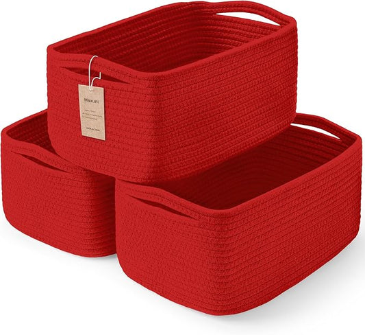 3 Pack Storage Baskets for Organizing, 13.7×9.5×6.3", Red | Woven Baskets for Shelves, Cotton Rope Basket for Gifts Empty, Closet Organizer Bins with Handles, Cube Decorative Box