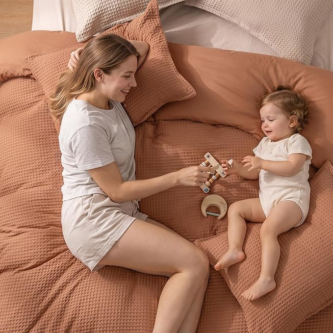 PHF Waffle Duvet Cover California King,Soft Breathable,104"x98",Terra Cotta | 300GSM Fabrie，No Snagging Textured Honeycomb Comforter Cover for All Season 3pcs, Durable Bedding Duvet Set, Home Decor Gift