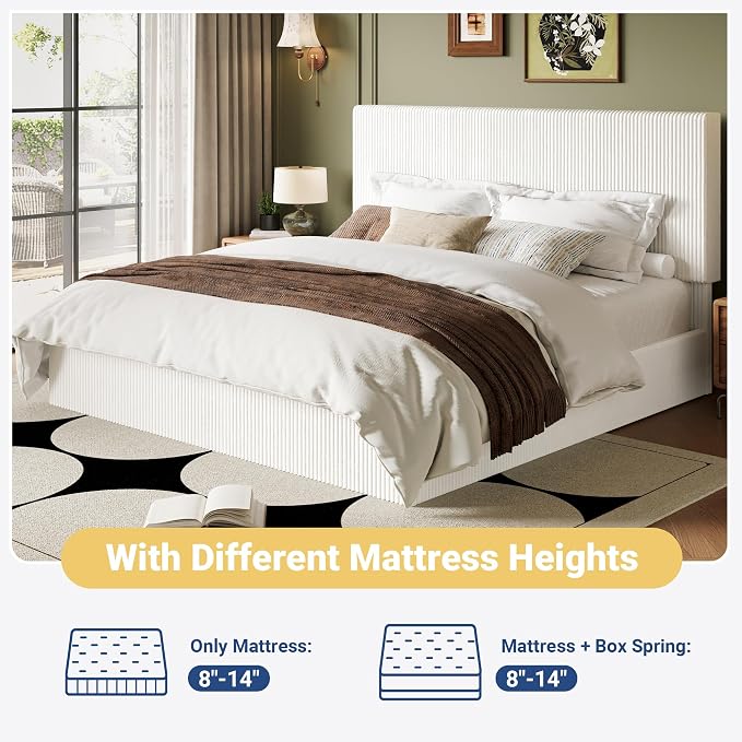 Allewie King Bed Frame, Adjustable Corduroy Headboard, Platform, White | Adjustable Headboard, Corduroy Fabric, Low Profile, Wooden Slats, 1000 lb Capacity, No Box Spring Needed
