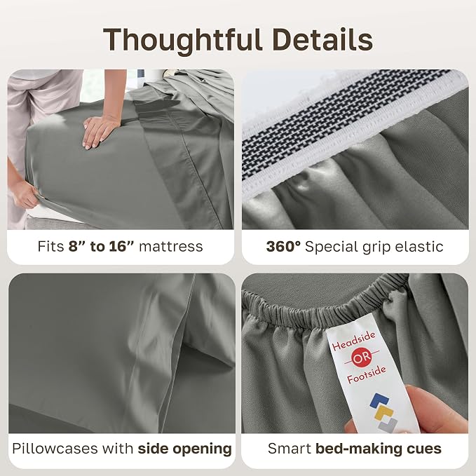 California Design Den Luxury 1000 Thread Count King Size Bed Sheets Set | Backed by Good Housekeeping Seal - 100% Cotton Sateen - Soft, Thick & Heavy, 16" Deep Pocket, All-Around Elastic, Grey