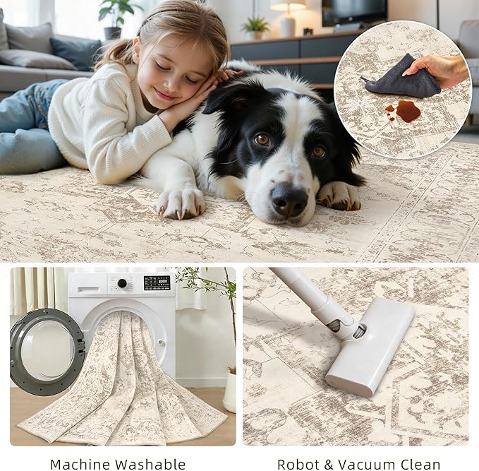 6x9 Area Rugs Living Room: Bedroom Washable Carpet Beige/Ivory | Vintage Boho Soft Small Indoor Decor Floor Non-Slip Low Pile Neutral Farmhouse Entryway Laundry Bathroom Bedroom Beside Rugs