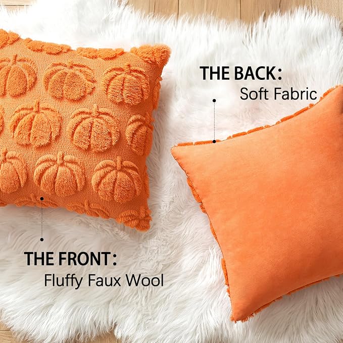MIULEE Fall Pillow Covers Pumpkin Fall Decor 26x26 Orange | Set of 2 Fall Decorations for Home, Plush Faux Fur Farmhouse Accent Pillowcases, Porch Sofa Couch Cushion Bed Livingroom