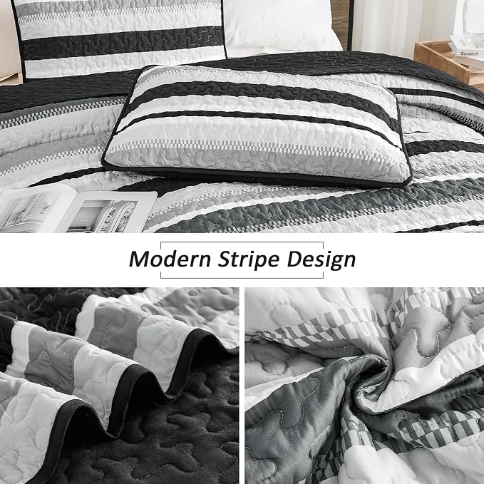 WONGS BEDDING Striped Quilts King Size Set, Black Lightweight Bedspread | Lightweight Microfiber Coverlet, Breathable All-Season, Machine Washable, 3-Piece Set 110"x90", Great for Men Boys Dorm Room