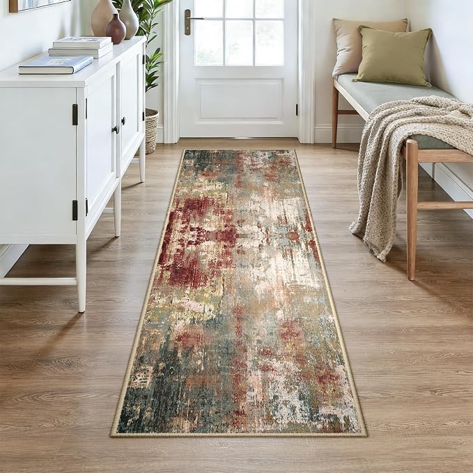 RELEANY Washable Runner 3'x7' Abstract Area Rug for Hallway Rustic Brown | Carpet for Kitchen, Entryway, Bathroom, Living Room, Bedroom, Printed Pattern, Non‑Slip, Soft, Stain‑Resistant, Easy to Clean