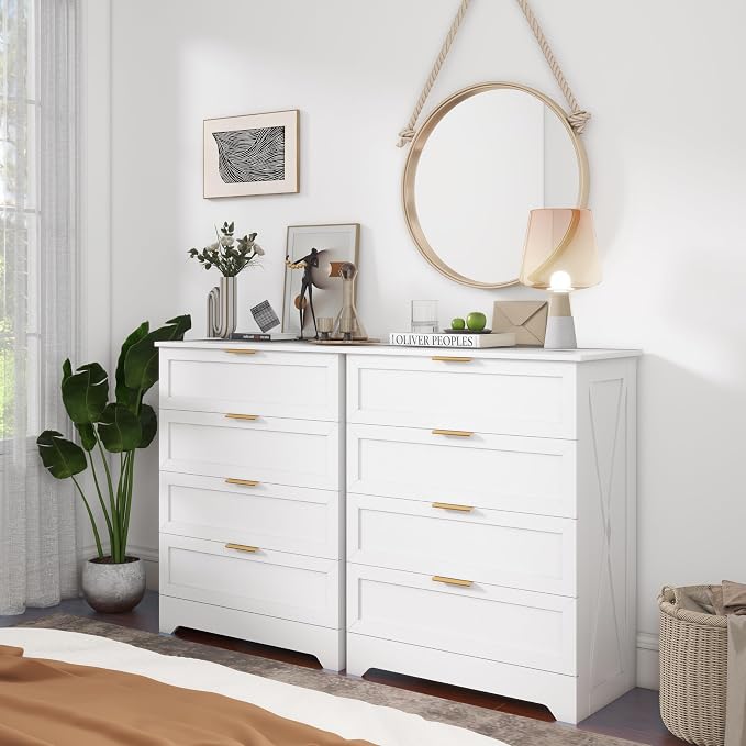 FTZxHKLX White 4 Drawer Dresser for Bedroom, Modern Chest of Drawers | Tall Bedroom Dresser with Large Drawer, Wooden Storage Dresser, Chest of Drawer for Closet, Living Room, Hallway, Nursery