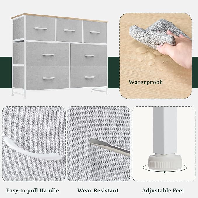 7-Drawer Dresser for Bedroom, Anti-Tip Wide Storage Organizer Fabric | Chest of Drawers TV Stand for 45" TV with Wooden Top and Metal Frame for Closet, Living Room, Hallway, Entryway, Light Gray