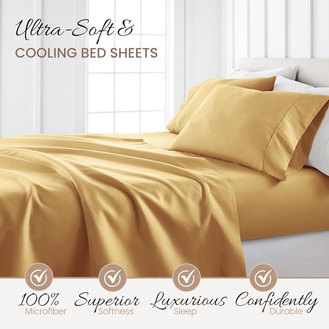 Linen Market Brushed Microfiber Twin Sheet Set 3 Piece – Oeko-TEX Certified Ultra Soft & Wrinkle-Free - 16" Deep Pocket Sheets - Easy Care Twin Size - Gold