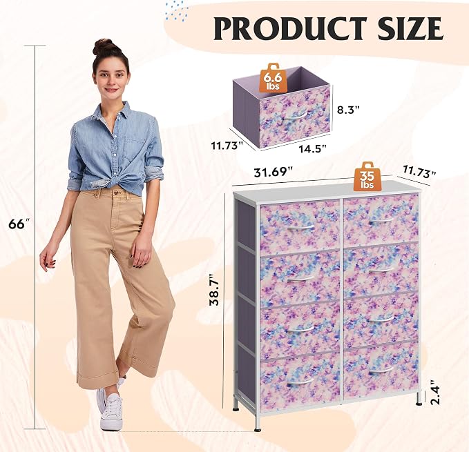 WLIVE 8 Drawer Fabric Dresser for Bedroom, Tall Storage Tower, Tie-dye | 8-drawer tall storage tower with fabric bins and wood tabletop, breathable non-woven, perfect for girls bedroom closet dorm