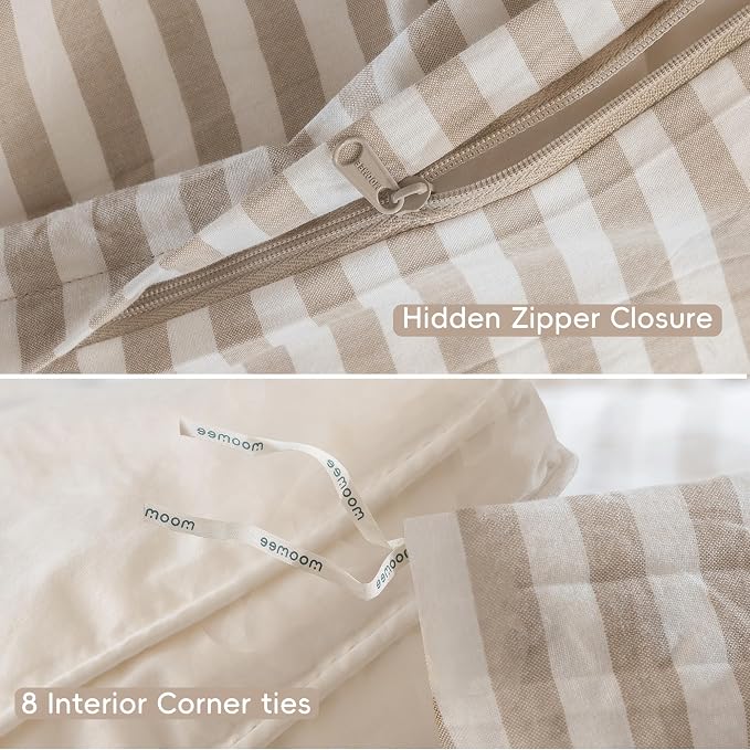 MooMee Striped Duvet Cover Set 100% Washed Cotton Linen Like Super King | Relaxed Linen-like Texture. Soft, Breathable & Long-lasting Comfort. Lightweight. Hidden Zipper with 8 Interior Corner Ties