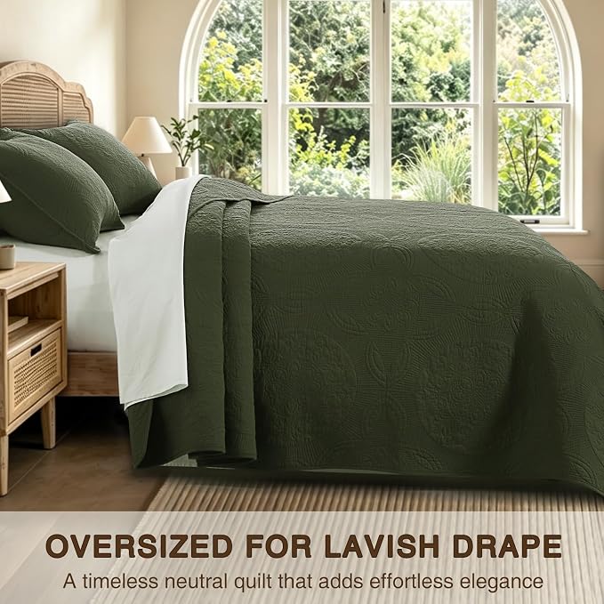GOONE 100% Cotton Quilt Set King Size, Bedding Sets 108x98 in, Olive Green | Lightweight Breathable Bedspread for All Season, 3-Piece Floral Medallion Stitch Country Quilted Coverlet with 2 Pillow Shams