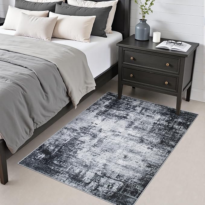 Area Rug Living Room: 3x5 Modern Washable Soft Carpet Dark Black | For Hallway, Bedroom, Kitchen, Laundry, Bathroom,Door Mat,Modern Abstract,Machine washable,Non-Slip,Stain Resistant,Indoor