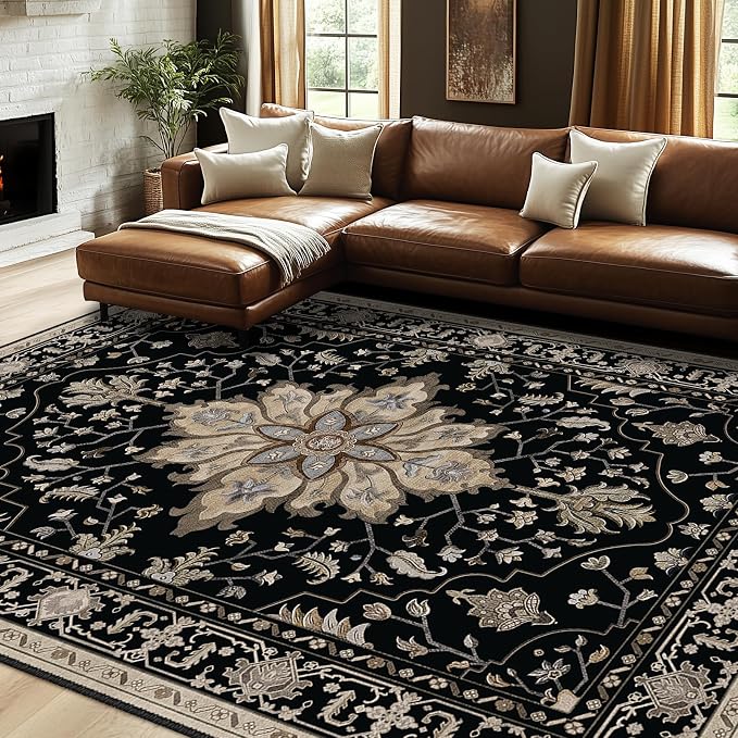 RELEANY Washable Area Rug, 7'x10', Black/Neutral | Non-Slip, Water Repellent, Pet Friendly, Easy to Clean, Vintage Floral Boho Decor for Living Room Bedroom Dining Room Office