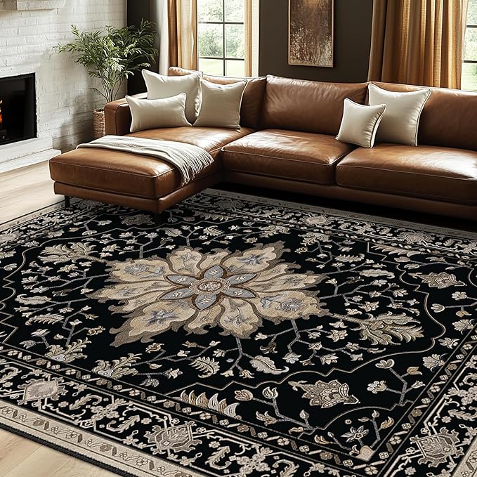RELEANY Washable Area Rug, 7'x9', Black/Neutral | Non-Slip, Water Repellent, Pet Friendly, Easy to Clean, Vintage Floral Boho Decor for Living Room Bedroom Dining Room Office
