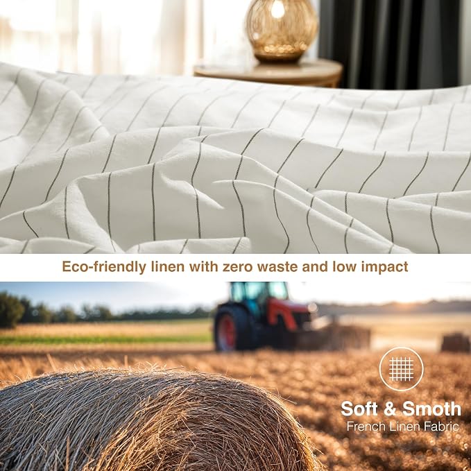 SONORO KATE 100% French Linen Queen Duvet Cover Set,Zipper Closure,3PC | Natural French Flax,Soft Breathable for Hot Sleepers,Moisture Wicking & Durable,4 Corner Ties,White & Dark Grey Stripes