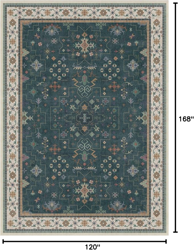 Dark Green Oushak Living Room Rug 10x14 - Modern Vintage Boho Eclectic Floral Pastel, Washable Low Pile Non-Slip Extra Large Area Rugs for Dining Under Table Bedroom Lounge