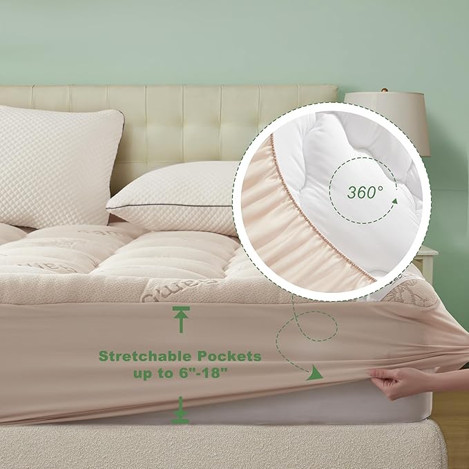 BEDLORE Queen Mattress Topper Viscose Bamboo, Thick Pillow Top Mattress Pad | Stretchable Pockets Fit 6”-18” Mattress, Soft Breathable Mattress Topper for Back Pain Relief and Hot Sleepers(Beige)