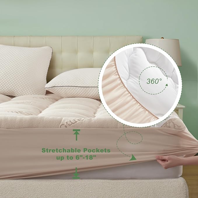 BEDLORE California King Mattress Topper, Thick Pillow Top Mattress Pad | Deep Pockets Fit 6"-18" Mattress, Soft Breathable Mattress Topper Viscose Bamboo for Back Pain & Hot Sleepers(Beige)