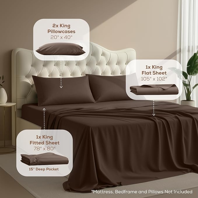 King Sheets Set, 4 Pieces 16" Deep Pocket Hotel Luxury Bed Sheets, Brown | Extra Soft Bedsheet Set, Comfy & Breathable Cooling Sheets, Wrinkle & Fade Resistant, Fitted Sheet, Flat Sheet, 2 Pillowcases