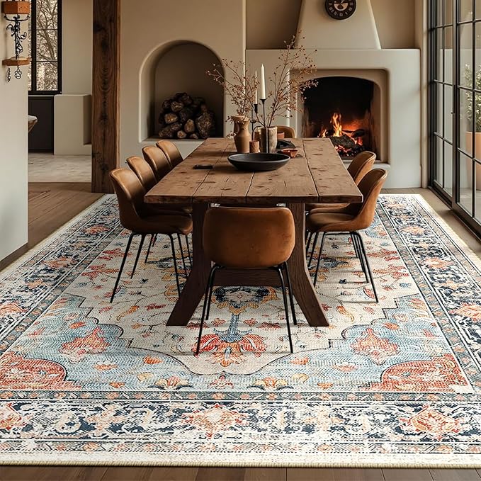 RELEANY Washable Area Rug, Large 10'x14', Beige/Blue/Orange | Non-Slip, Water Repellent, Pet Friendly, Easy to Clean, Vintage Floral Boho Decor for Living Room Bedroom Dining Room