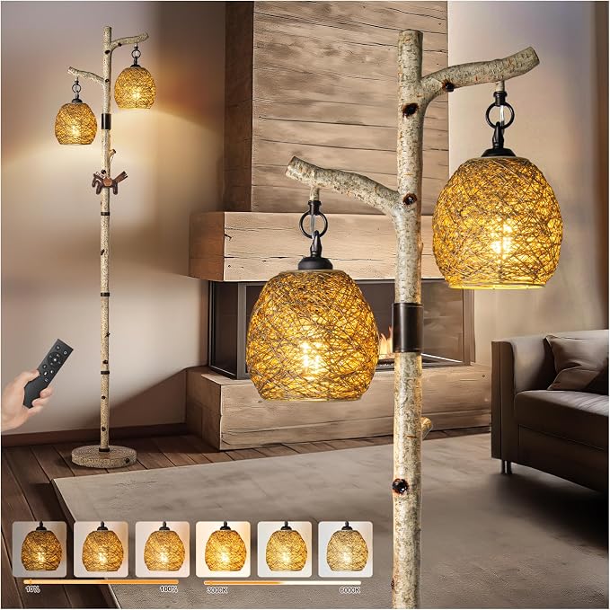 Scenekoy 68.5" Rustic Floor lamp with Remote Control, Bird Nest Lantern | Stepless Dimmable, 3 Color Temperature, Birch Tree Finish, Farmhouse Vintage Standing Lamp Decor for Living Room Bedroom