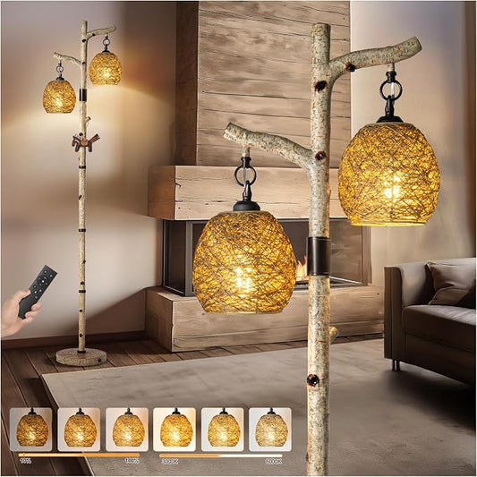 Scenekoy 68.5" Rustic Floor lamp with Remote Control, Bird Nest Lantern | Stepless Dimmable, 3 Color Temperature, Birch Tree Finish, Farmhouse Vintage Standing Lamp Decor for Living Room Bedroom