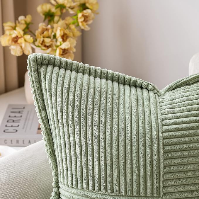 MIULEE Decorative Throw Pillow Covers for Couch 20x20 Inch Sage Green | 2 Pack, Boho Broadside Striped Patchwork Pillow Covers, Soft Corduroy Cushion Cases, For Sofa Bed Livingroom Home Decor
