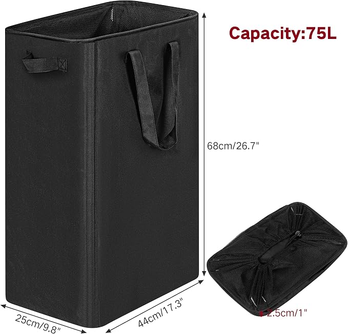efluky Slim Laundry Basket, Narrow Laundry Hamper with Handles, Collapsible Dirty Clothes Hamper, Tall Laundry Bin for Laundry Room, Dorm and Bedroom, 19.8 Gallon(75L) Black
