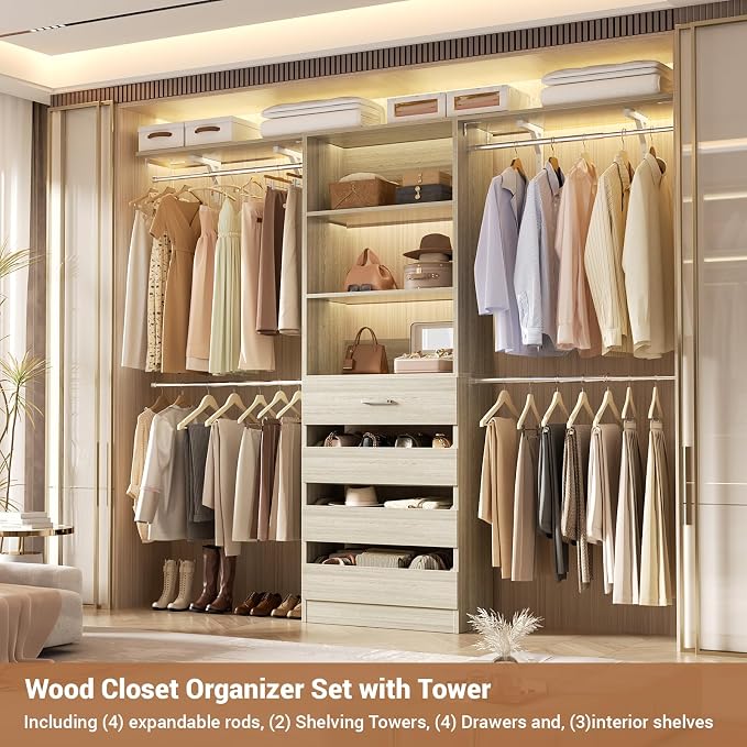 Aheaplus Closet System with 4 Drawers, 8FT Wood Closet Organizer System | 96" Closets Built In System Tower with Shelves & 4 Rods, Walk-in Closets Wardrobe Clothes Rack, Fits Spaces 4-9 ft, White Oak