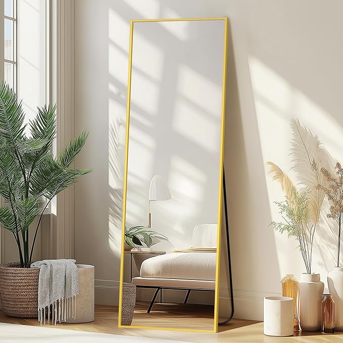 Full Length Mirror with Stand, 56x15 Gold Floor Mirror | Aluminium alloy frame with HD float glass for distortion-free reflection. Free standing or wall mounted.