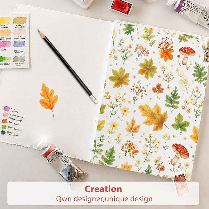 Softan Orange Floral Queen Size Sheet Set, Printed Microfiber Fitted Sheet with 15" Deep Pockets & Non-Slip Straps, Maple Leaves & Mushroom Patterned Bedding Sheets & Pillowcase Set