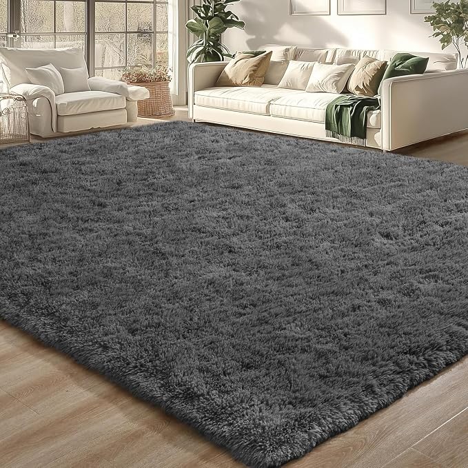 Soft Modern Indoor Large Shaggy Rug for Livingroom Bedroom Dorm Kids Room Home Decorative, Non-Slip Plush Fluffy Furry Fur Area Rugs Comfy Nursery Accent Floor Carpet 8x10 Feet, Dark Grey