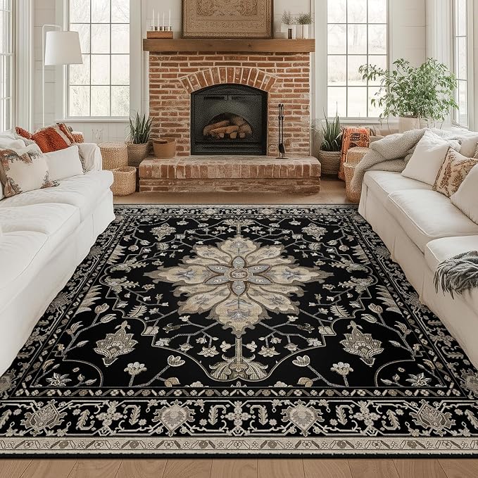 RELEANY Washable Area Rug, Square 8'x8', Black/Neutral | Non-Slip, Water Repellent, Pet Friendly, Easy to Clean, Vintage Floral Boho Decor for Living Room Bedroom Dining Room Office