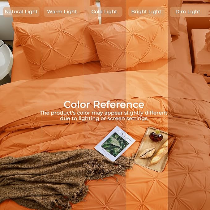 Sasttie Full Size Comforter Set, 7-Piece Bed in a Bag Double, Pintuck Bedding Set for All Season, Includes Comforter, Flat Sheet, Fitted Sheet, Pillowcases and Pillowshams, Coral Orange