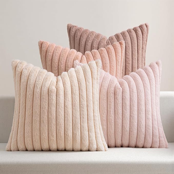 MIULEE Faux Fur Plush Decorative Throw Pillow Covers 18x18, Pink | Set of 4, Striped, Soft Cute Romantic Modern Home Decor, Cushion Cases for Sofa Couch Bed Living Room