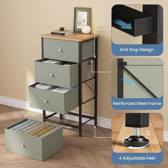 DUMOS Nightstand with 4 Drawers, Bedside Table with Removable Fabric Bins, Sturdy Steel Frame Wood Top Organizer Furniture for Bedroom Closet Living Room, Ink Green