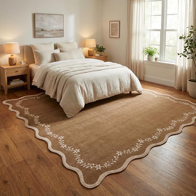 GarveeHome 6x9 Scalloped Area Rug Soft Washable Rug for Living Room Bedroom | Soft Brown Low Pile Non Slip Accent Floor Mat Solid Print Throw Rug Indoor Carpet for Dining Room Dorm Playroom