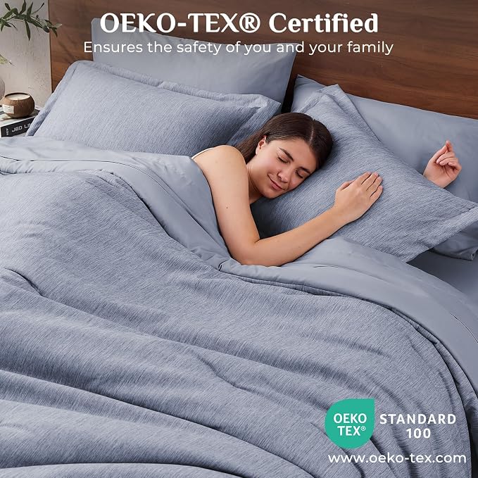 JOLLYVOGUE Navy Blue Full Comforter Set, Cationic Dyeing Bed in a Bag Full 7 Pieces, Double-Tone Bedding Set with Down Alternative Comforter, Sheets, Pillowcases & Shams
